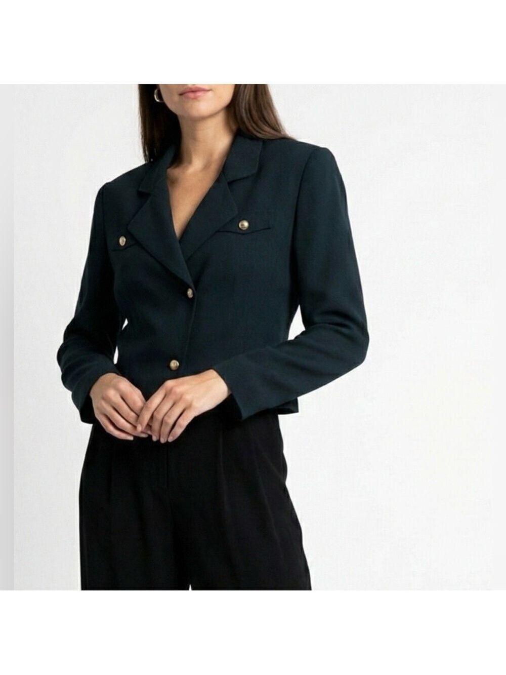 GIOVANNI Black Cropped Blazer Goldtone Buttons Double Breasted MADE IN CANADA 🇨🇦